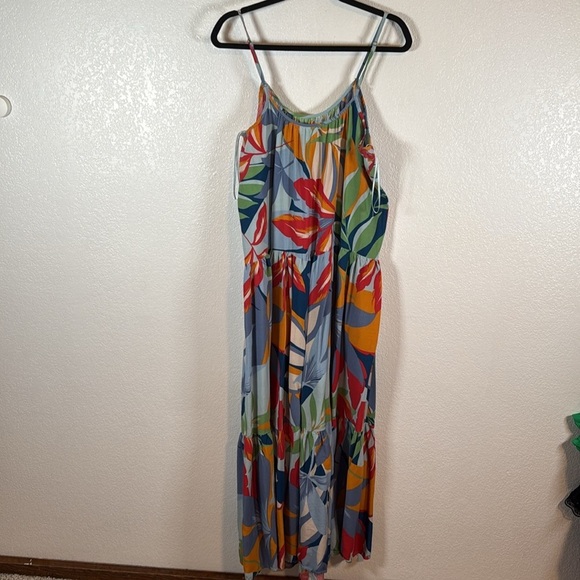 GOA by Japna Blue Tropical Botanical Tiered Midi Dress Size XL - Picture 3 of 6